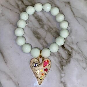 White facetted glass beads and Heart Charm Beaded stretch  Bracelet 10mm